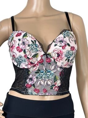 Victoria's Secret Floral Lace Longline Bustier Bra - Pink/Black 32DD NWT